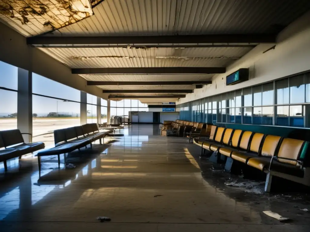 Abandono en el aeropuerto de Nicosia, Chipre: sala de espera desierta y deteriorada, con muebles rotos y equipaje abandonado.