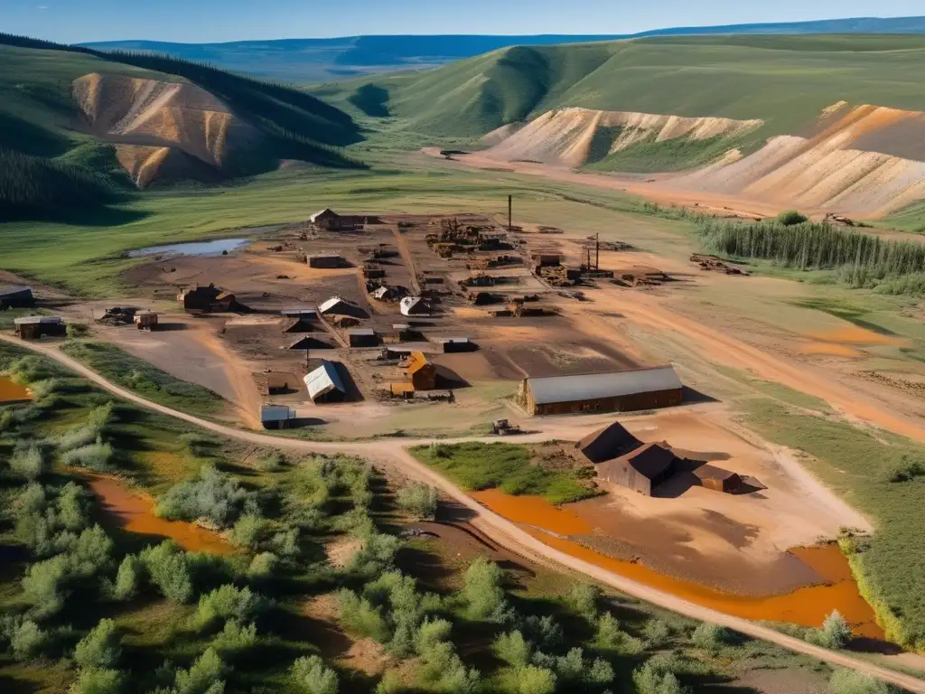 Una fotografía aérea detallada de la abandonada ciudad minera de Gilman, Colorado. <b>La imagen muestra un paisaje desolado y sombrío, con edificios en ruinas y maquinaria oxidada esparcida por el terreno agreste.</b> Una gruesa capa de residuos mineros de color naranja