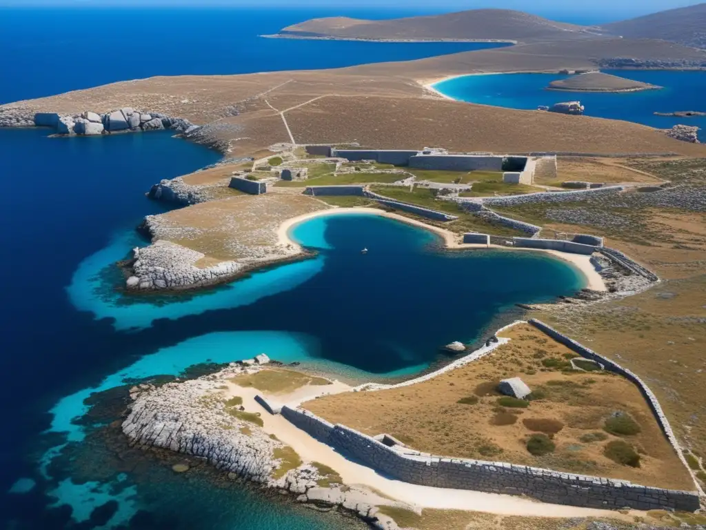 Una fotografía aérea de alta resolución de la isla abandonada de Delos, mostrando la costa bañada por el sol, las ruinas antiguas y la vegetación que reclama la isla. La imagen destaca el contraste entre las aguas azules del mar Egeo y los restos antiguos, ev