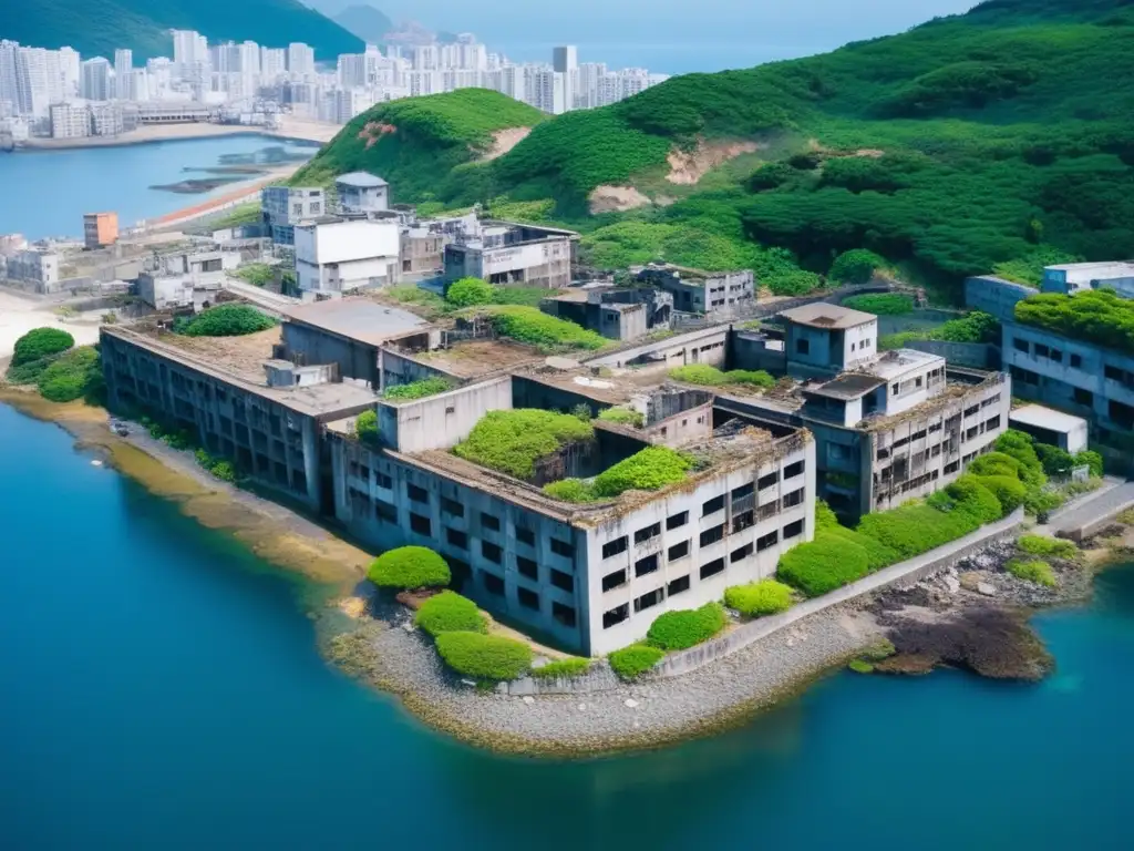 Una fotografía aérea de alta resolución de la Isla Gunkanjima, capturando la misteriosa atmósfera de esta isla industrial abandonada.