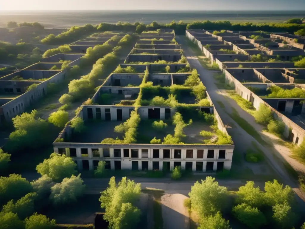 Una fotografía aérea de alta resolución de una ciudad abandonada, con calles cubiertas de vegetación, edificios en ruinas y un paisaje desolador. La imagen captura la atmósfera inquietante de un centro urbano una vez próspero, ahora reclamado por la naturaleza, con una