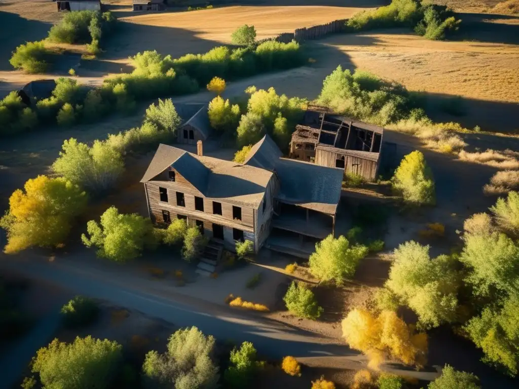 Una fotografía aérea de alta resolución capturando el hermoso pero espeluznante paisaje de un pueblo fantasma abandonado, con edificios en ruinas, calles cubiertas de maleza y una sensación de desolación. La luz del sol proyecta largas sombras en el pueblo vacío,