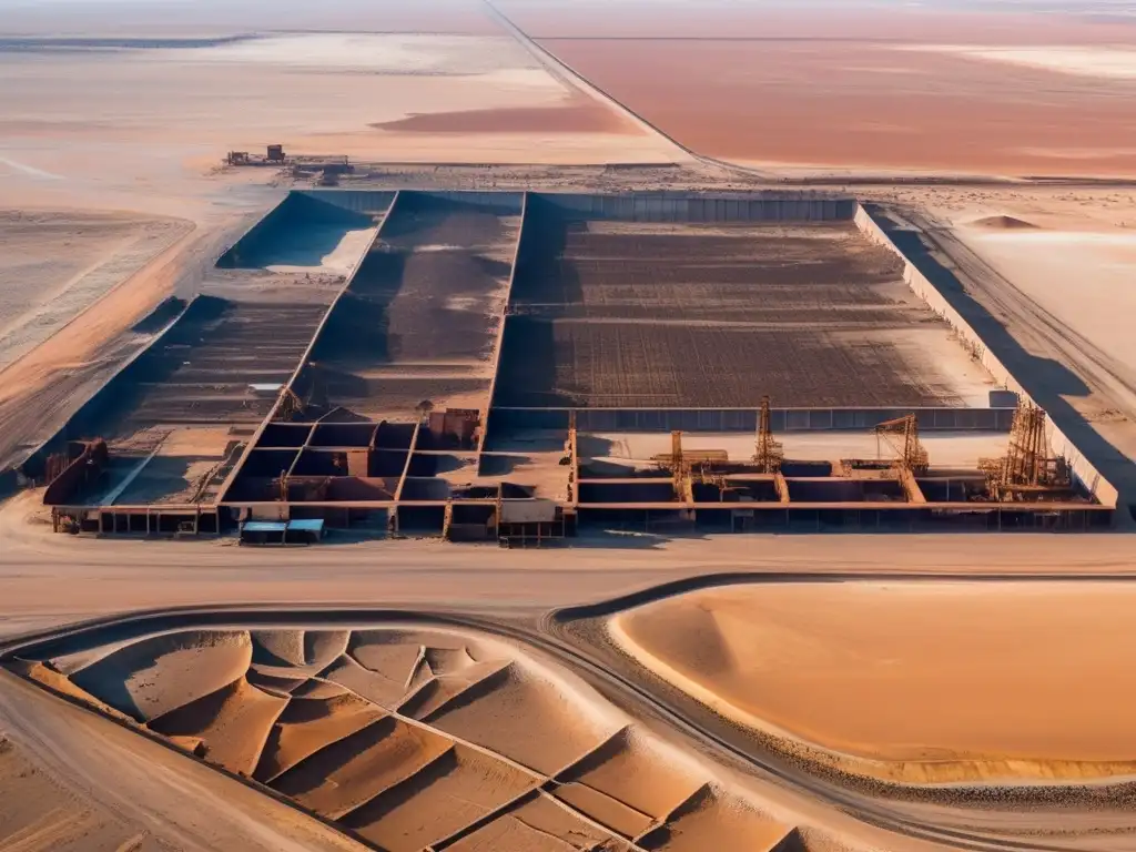 Una fotografía aérea de alta resolución de las salitreras de Humberstone, mostrando el complejo industrial rodeado por el árido paisaje desértico del norte de Chile. Se aprecia la red intrincada de maquinaria oxidada, estructuras en ruinas y viviendas abandonadas, contrastando con el