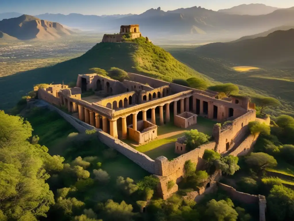 Fotografía aérea de un sitio histórico deshabitado rodeado de exuberante vegetación y majestuosas montañas, bañado por la suave luz matutina. <b>Evoca misterio y belleza atemporal.</b> Keyword: conservación tecnológica sitios históricos deshabitados