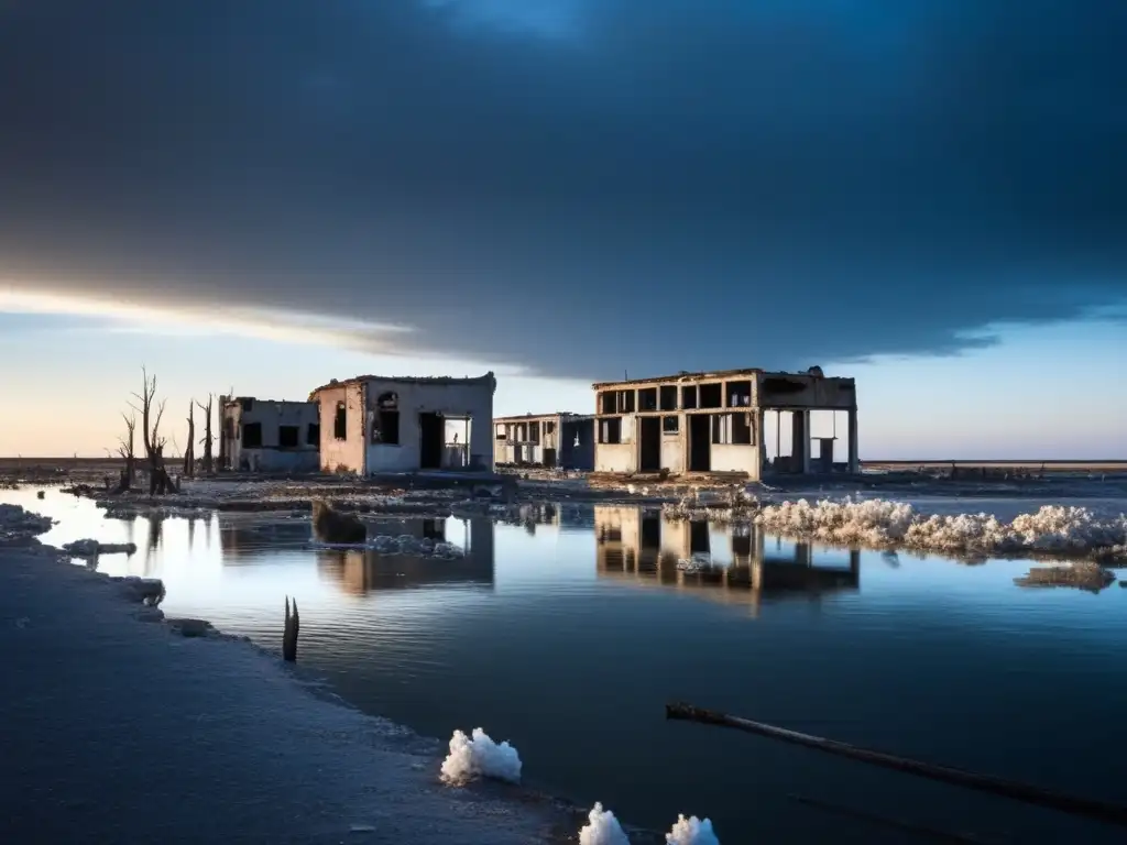 Villa Epecuén emerge de las aguas en ruinas, una tragedia turística olvidada bajo un ambiente sombrío y misterioso.