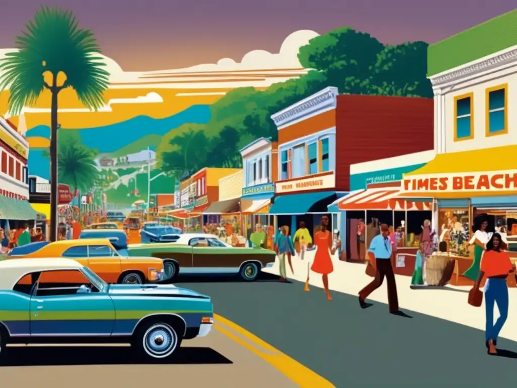 Una animada calle de Times Beach en los años 70, reflejando la vida vibrante antes de convertirse en un refugio de vida silvestre. <b>El Milagro de Times Beach se representa en la imagen con colores vivos y detalles nítidos.