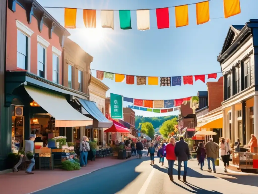 La animada calle de la ciudad de Walhalla rebosa de energía y comunidad, con tiendas vibrantes y personas paseando. <b>La luz del sol brilla sobre la escena, mostrando la recuperación del brillo de la ciudad Walhalla.