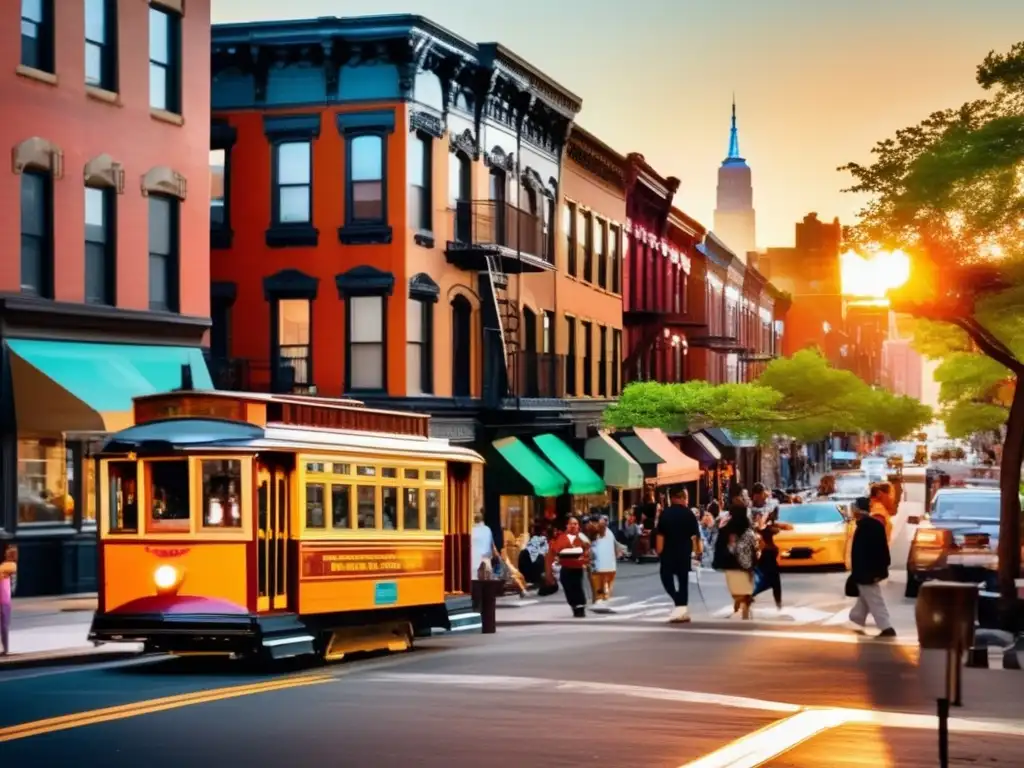 Una animada escena callejera de Brooklyn, con diversidad, vitalidad y encanto urbano. <b>Revitalización urbana en Brooklyn.