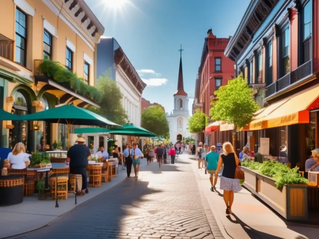 Un animado distrito histórico rehabilitado, con edificios restaurados, murales vibrantes y gente disfrutando de cafés al aire libre y tiendas pintorescas. La cálida luz del sol resalta la belleza arquitectónica, mostrando la exitosa rehabilitación de este distrito histórico abandonado.