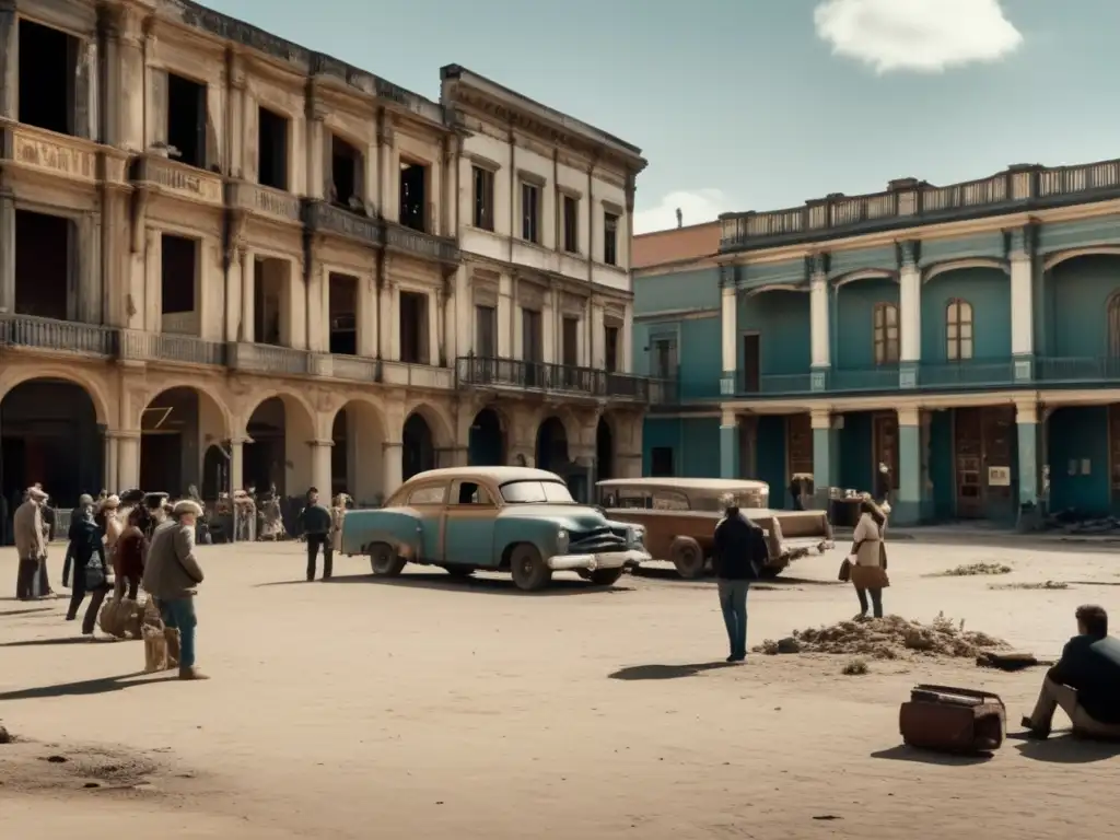 Un animado set de filmación en una plaza rodeada de edificios deteriorados. <b>La serie revitaliza locaciones abandonadas.