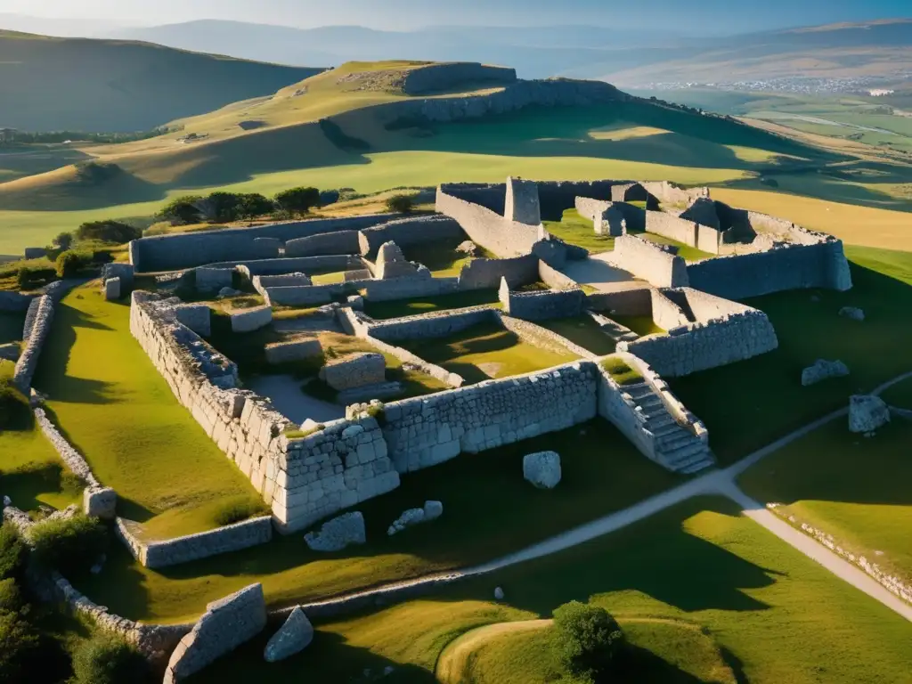 Explorando la antigua ciudad Hattusa: Ruinas antiguas y paisaje árido, arqueólogos excavando, misterio y grandeza.