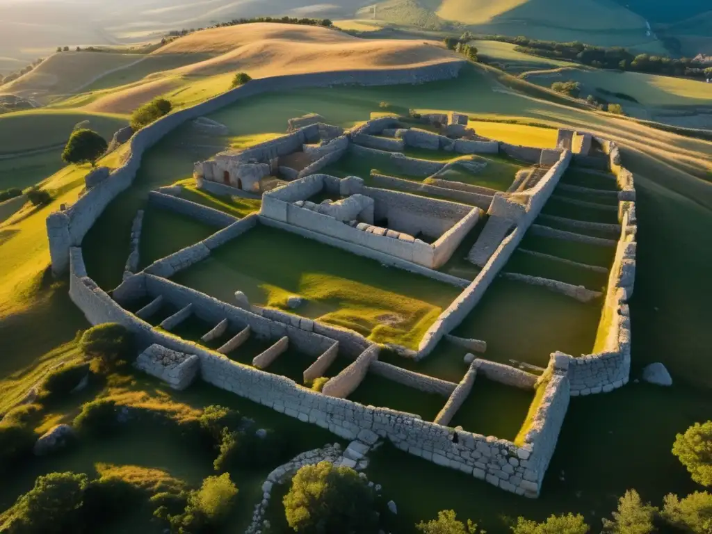 Explorando la antigua ciudad Hattusa: Ruinas antiguas con muros de piedra y senderos intrincados, bañados por la cálida luz dorada del atardecer.