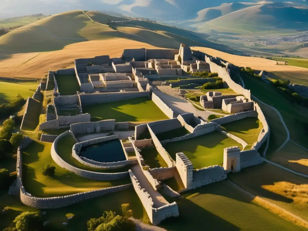 Explorando la antigua ciudad Hattusa: Vista aérea de ruinas bien conservadas con sombras largas y fortificaciones impresionantes.