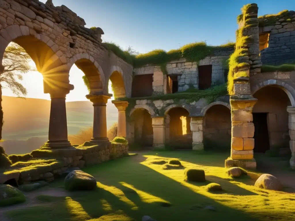 Una antigua ruina abandonada bañada por la suave luz dorada, mostrando el equilibrio entre la conservación y la naturaleza.