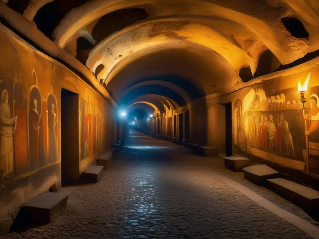 Descubre las antiguas catacumbas de Roma: pasadizos estrechos, frescos antiguos iluminados por antorchas, un mundo subterráneo lleno de misterio y arte cristiano temprano.