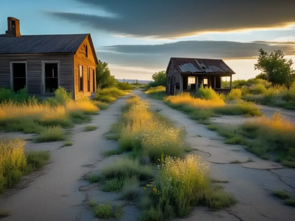 Un antiguo y desolado pueblo fantasma, invadido por la naturaleza, con edificios esqueléticos y una atmósfera de poesía inmortal.