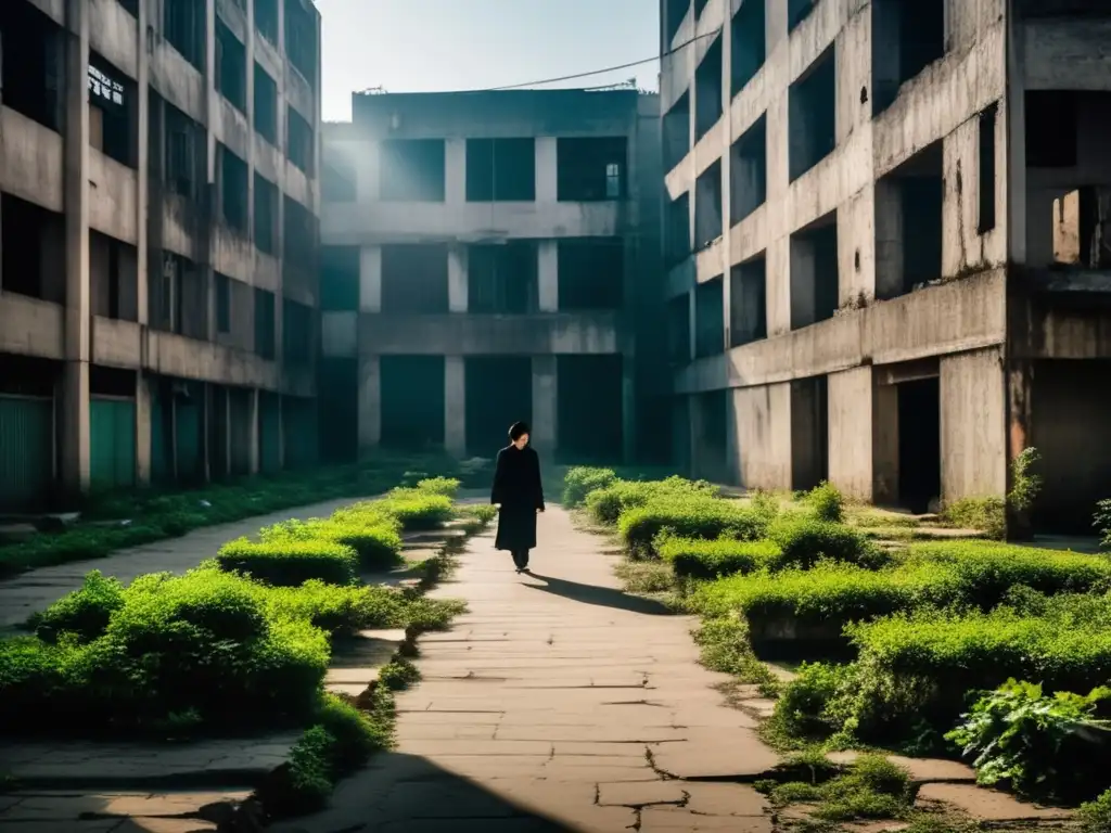 Un antiguo distrito fantasma en Yingkou, China, con edificios abandonados y vegetación desbordante. La luz del sol se filtra entre las estructuras deterioradas, creando una atmósfera desolada y fantasmal. Una figura solitaria en la distancia agrega un toque humano, destacando el