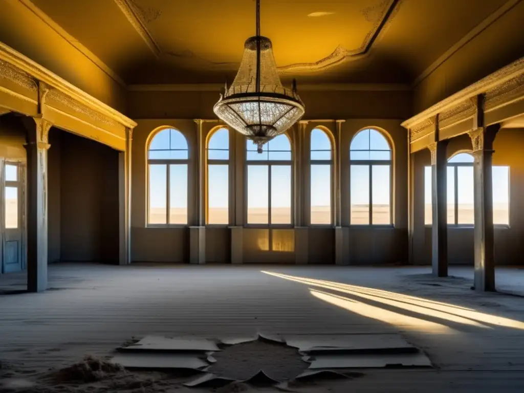 El antiguo esplendor de un salón de baile en ruinas en Kolmanskop, Namibia, invadido por la arena del desierto. <b>Kolmanskop ciudad fantasma Namibia.