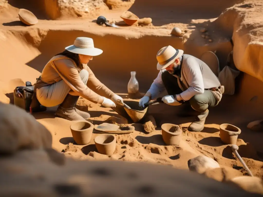 Arqueólogos excavando con cuidado en asentamientos abandonados, destacando el descubrimiento histórico y la meticulosidad del proceso.