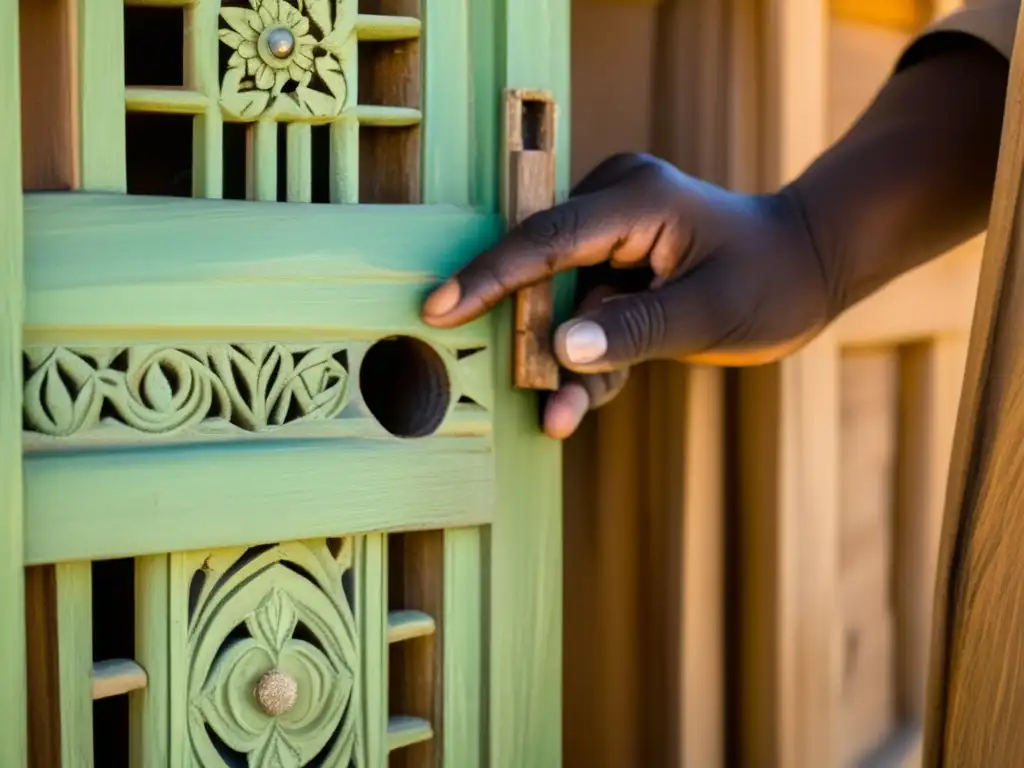 Un artista talla patrones en madera en Kolmanskop, Namibia, infundiendo arte en la desolación.