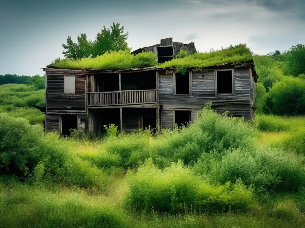 Un asentamiento abandonado con edificios en ruinas y vegetación creciendo, evocando desolación y el paso del tiempo. <b>Conservación de asentamientos abandonados.