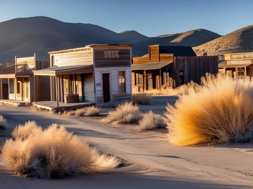 Un atardecer ámbar ilumina las calles desiertas de Pioche, ciudad fantasma del Viejo Oeste, con edificios abandonados y muros desgastados.