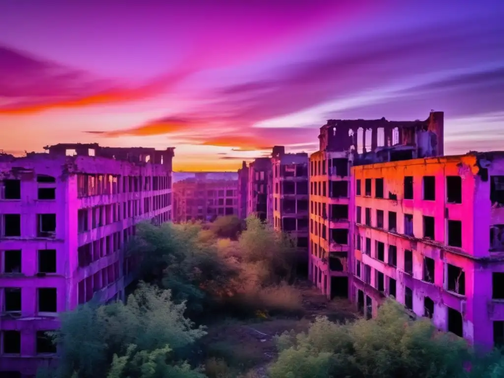 Atardecer sobre una ciudad abandonada, con edificios en ruinas y vegetación desbordante. <b>Ciudades fantasma abandonadas visitar.