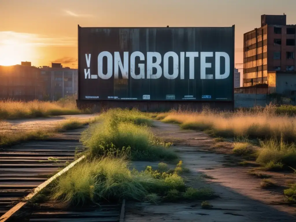 Atardecer en la ciudad abandonada, con edificios en ruinas y un cartel publicitario desvanecido. El sol crea sombras largas, destacando la desolación. <b>Impacto cultural ciudades fantasma.