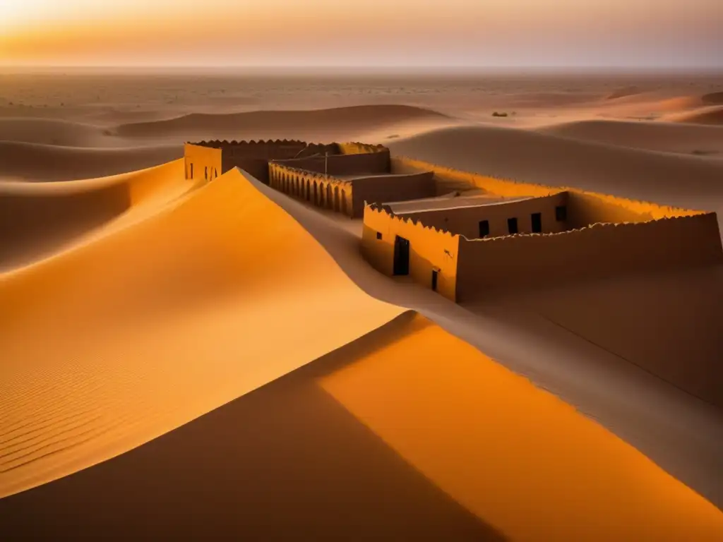 Un atardecer dorado ilumina las calles desiertas de Chinguetti, Mauritania, ciudad fantasma con edificios de barro y minaretes.