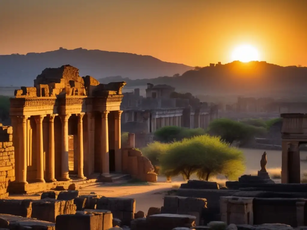 Un atardecer dorado ilumina las ruinas de una ciudad antigua cubierta de enredaderas, con figuras misteriosas y carvings detallados. <b>Rituales ancestrales en ciudades abandonadas.