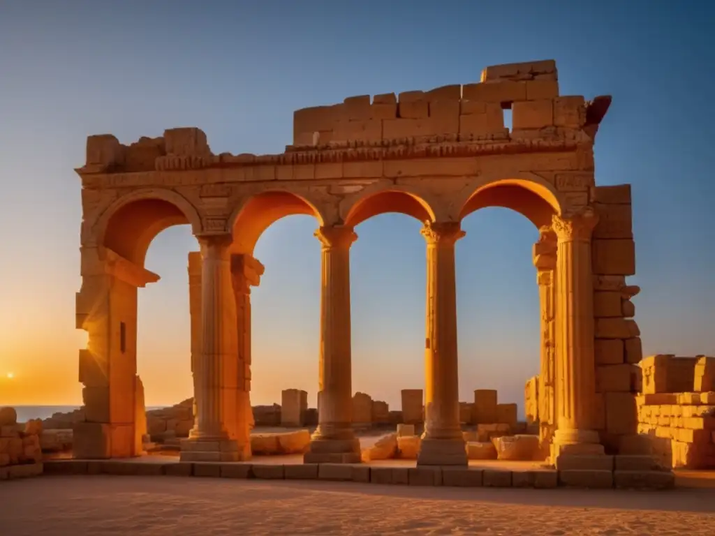 Atardecer dorado sobre las ruinas de Leptis Magna Libia, una escena evocadora de grandeza abandonada.