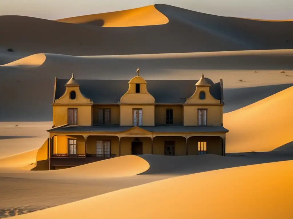 La belleza fantasmal de Kolmanskop, Namibia al atardecer Un atardecer dorado ilumina las ruinas de Kolmanskop Namibia, ciudad fantasma con una belleza inquietante y texturas detalladas.