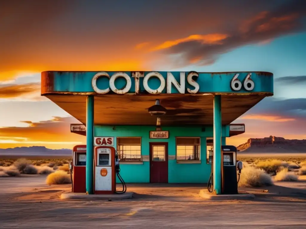 Un atardecer dramático en una gasolinera abandonada de la Ruta 66, evocando la belleza de las ciudades fantasma.