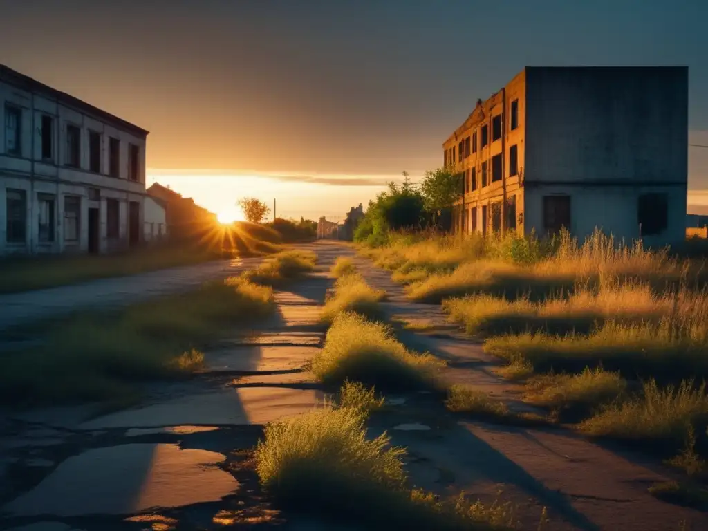 Un atardecer melancólico y misterioso en una ciudad abandonada. <b>Documental ciudades fantasma testimonios.