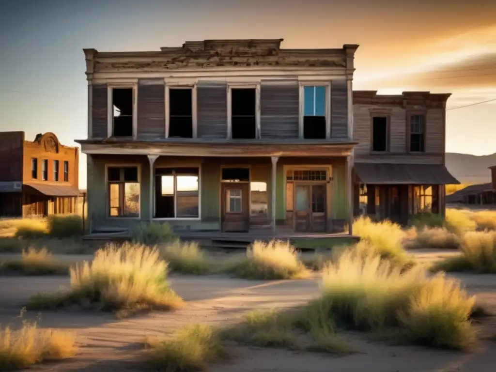 Un atardecer polvoriento en un pueblo fantasma, con edificios en ruinas y naturaleza salvaje. <b>Novelas emblemáticas en enclaves olvidados.