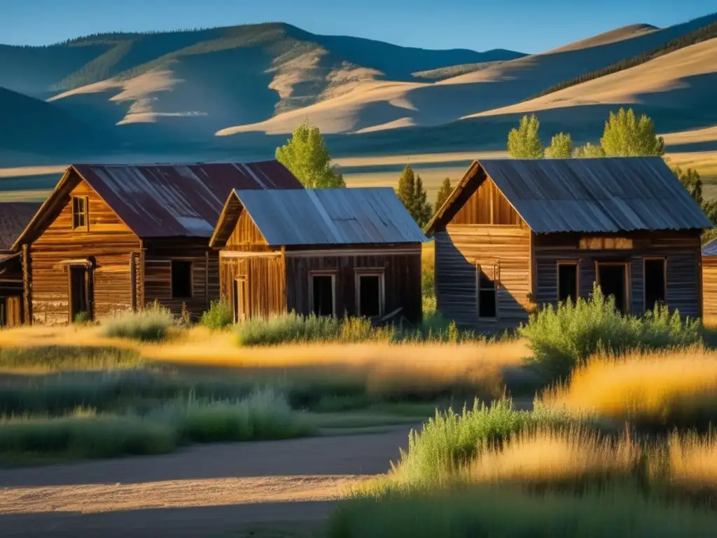 Explora la atmósfera de la ciudad fantasma de Garnet, Montana, con sus edificios abandonados, la vegetación silvestre y la luz dorada.