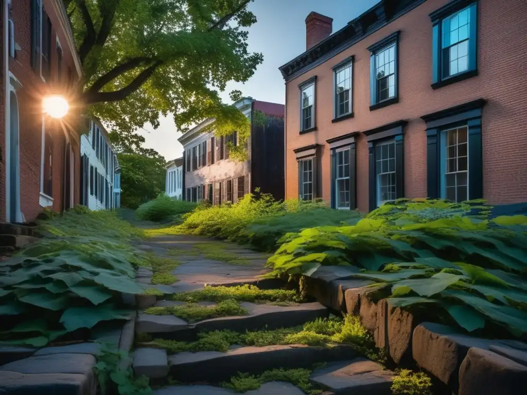 Atmósfera misteriosa en Salem, ciudad fantasma con historia, calles desiertas y edificios coloniales en ruinas al atardecer.