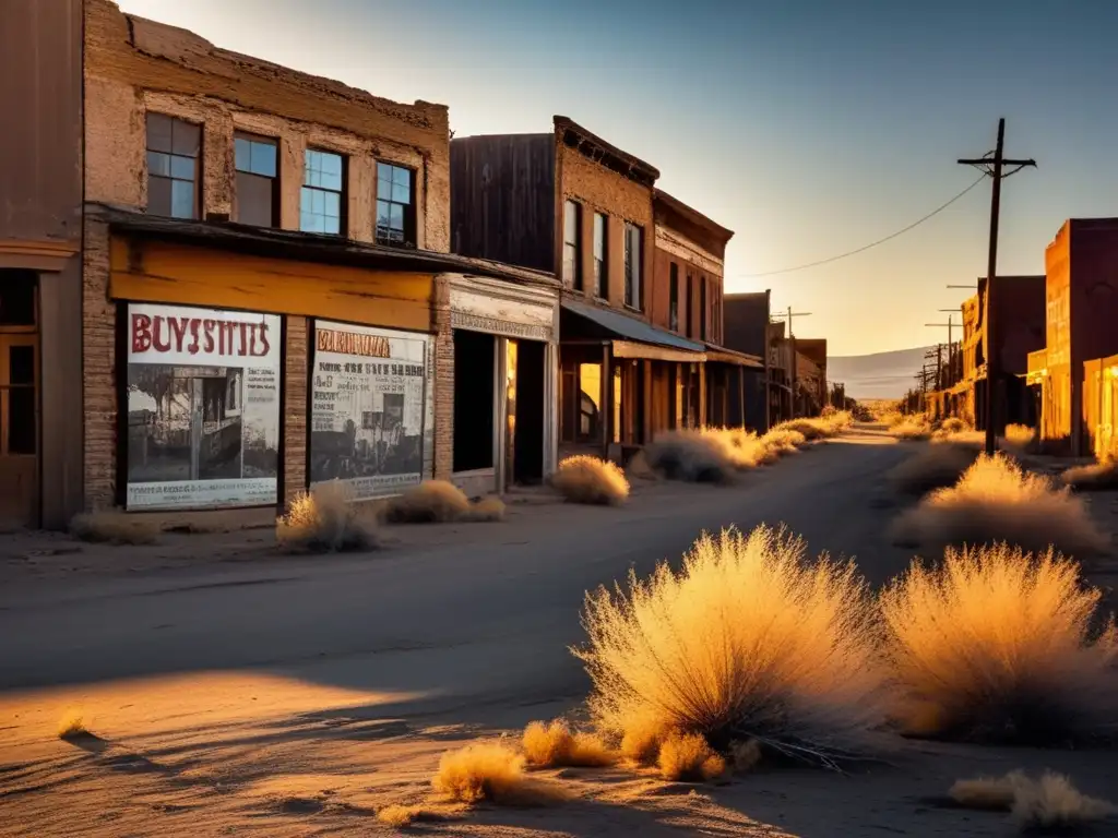 Atmósfera de un pueblo fantasma con iconos cinematográficos en ruinas al atardecer. <b>Ciudades fantasma, lugares abandonados, iconos cinematográficos.