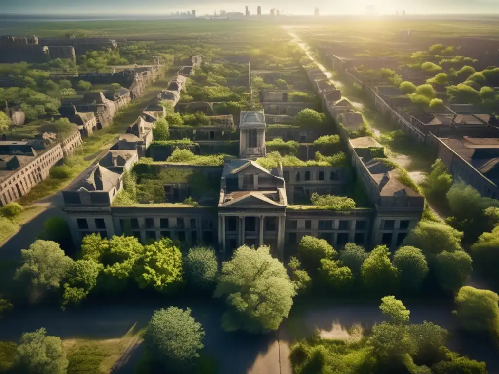 Avances en mapeo 3D lugares desolados: Fotografía aérea de una ciudad abandonada con edificios en ruinas y calles cubiertas de vegetación, creando una escena desolada y misteriosa.