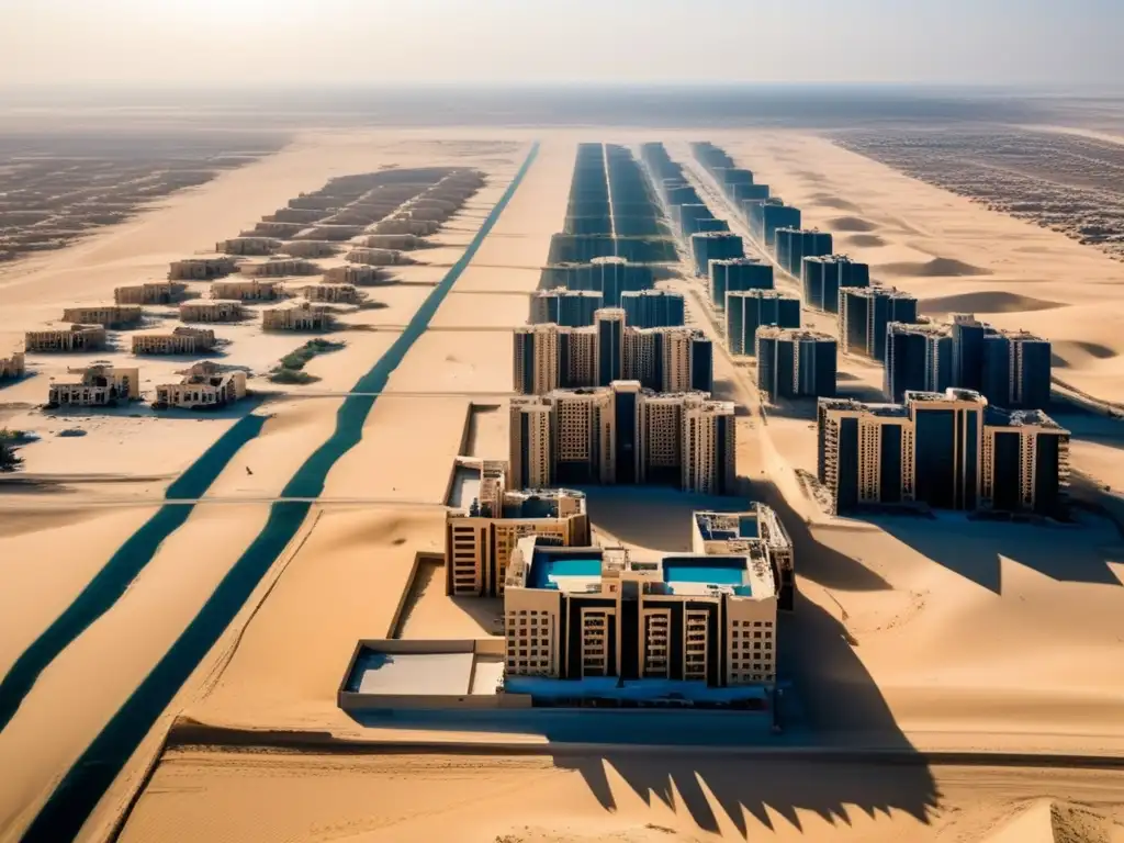 Barrios desiertos de Dubai: Imagen aérea de edificios abandonados en el desierto, rodeados de dunas, bajo el sol y cielo azul.