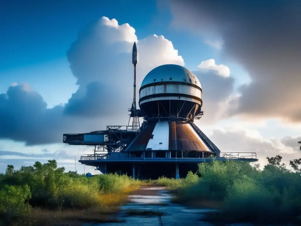 Una base de lanzamiento espacial olvidada, invadida por la vegetación, contrasta con el cielo azul.