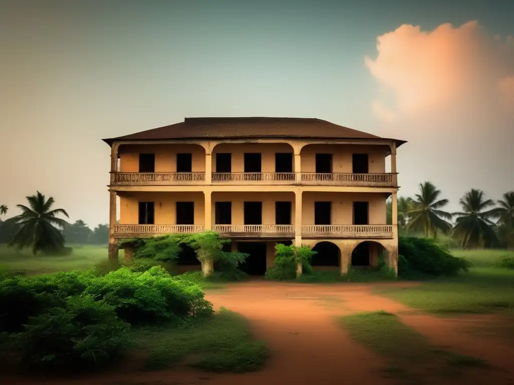 Una bella imagen documental de un edificio colonial abandonado en Lomé, Togo, rodeado de vegetación. <b>Refleja la historia compleja de lugares abandonados en Lomé, Togo.