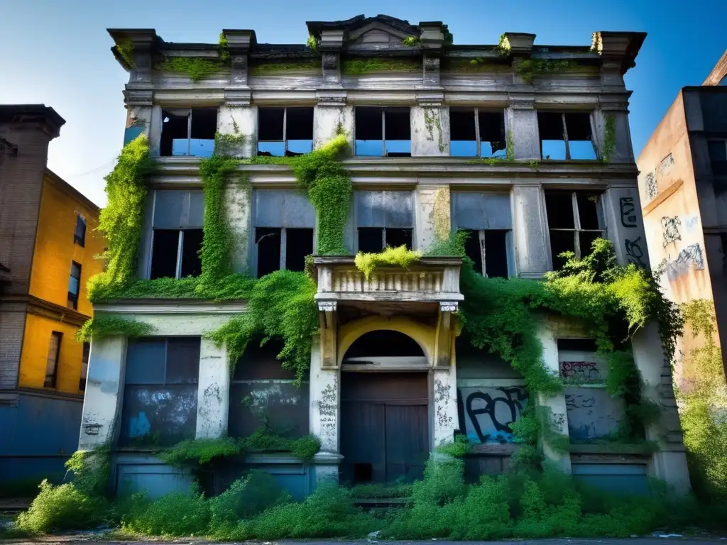 Fotografiando la belleza de ciudades abandonadas. Edificio en ruinas, cubierto de graffiti y enredaderas, con ventanas rotas y pintura descascarada.