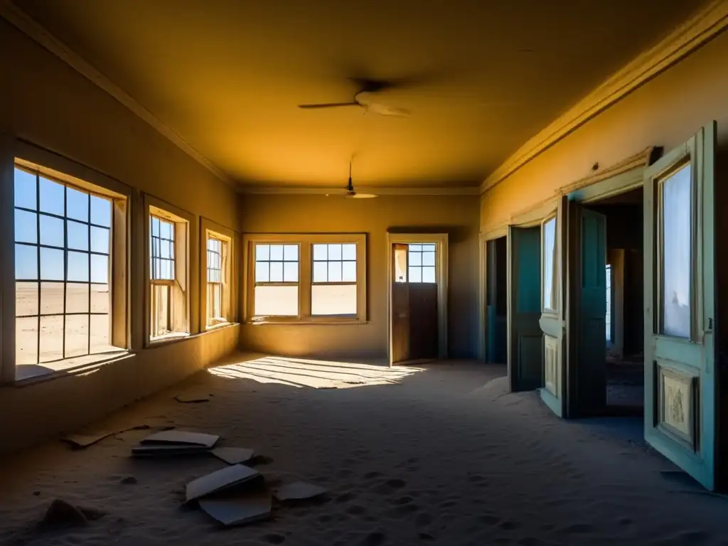 Kolmanskop: Belleza desolada de un pueblo fantasma Explora la belleza desolada de Kolmanskop, ciudad fantasma en el desierto, con sus edificios cubiertos de arena y ventanas rotas.