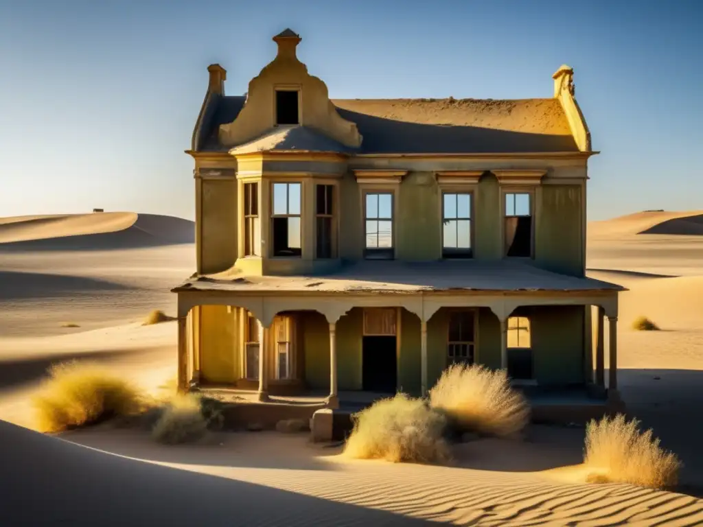 Explorando la belleza misteriosa de casas abandonadas Kolmanskop, con sombras alargadas y vegetación desbordante.