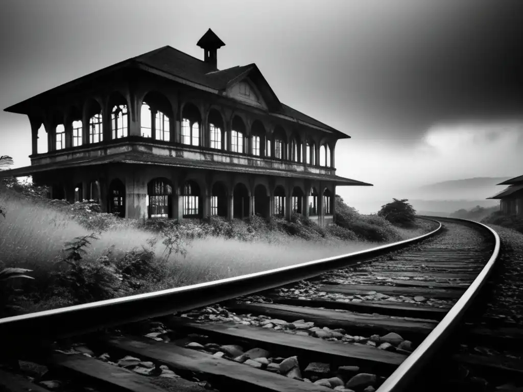 Una fotografía en blanco y negro de la abandonada estación de tren de Bokor Hill, con una fachada en ruinas y vegetación creciendo alrededor de las vías. La atmósfera inquietante de la estación desierta y la neblina en las colinas transmiten aislamiento y aband