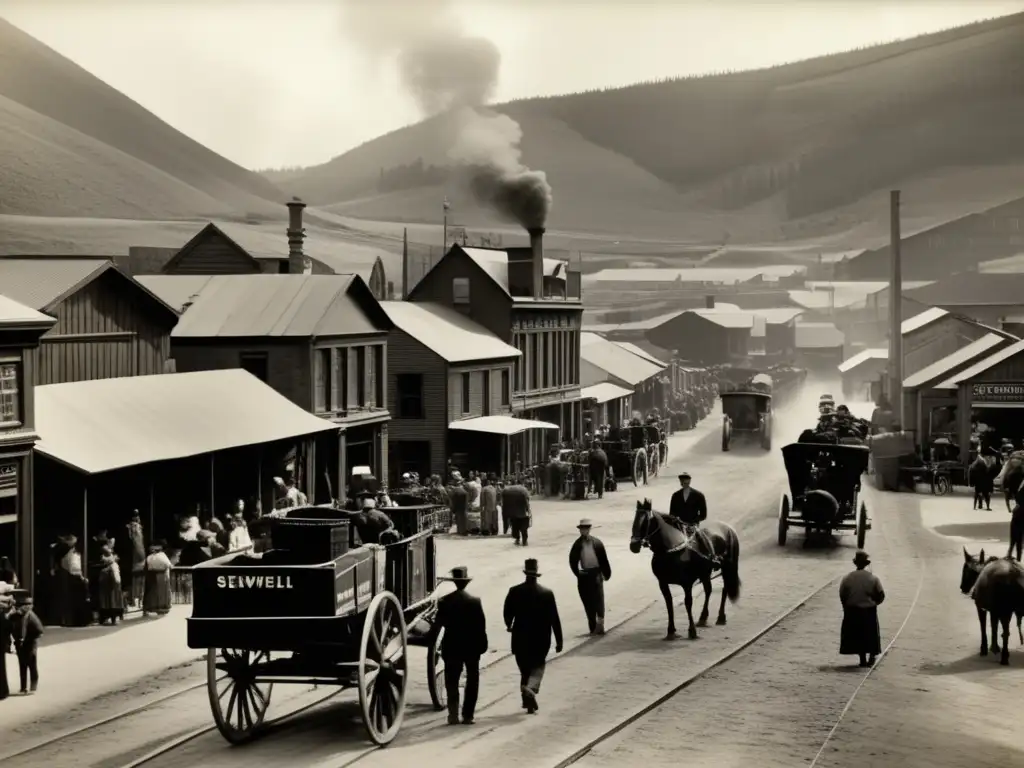 Una fotografía en blanco y negro de las bulliciosas calles de Sewell en los años 1900, capturando los detalles de los edificios históricos, las calles empedradas y las operaciones mineras de fondo. Muestra la vida diaria y la infraestructura minera, resaltando la historia de