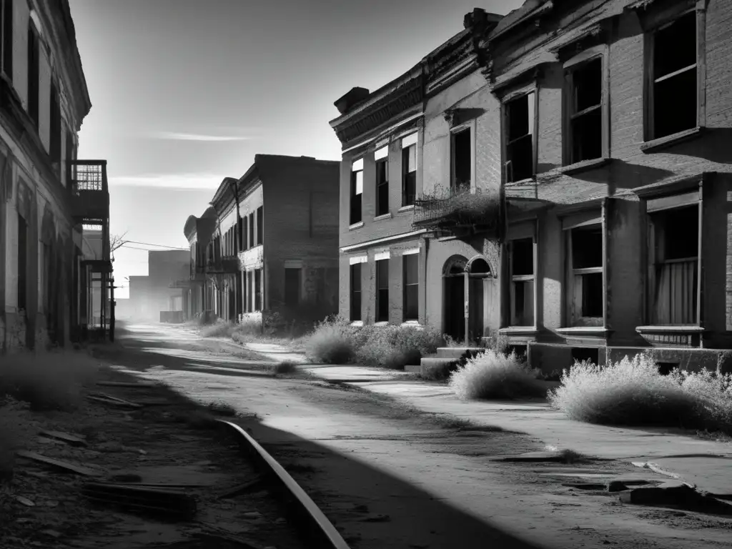 Una fotografía en blanco y negro de una calle abandonada y cubierta de maleza, con edificios en ruinas y una atmósfera misteriosa y escalofriante. La decadencia evoca un sentido de intriga, atrayendo al espectador al enigmático mundo de las ciudades fantasma y su influencia en