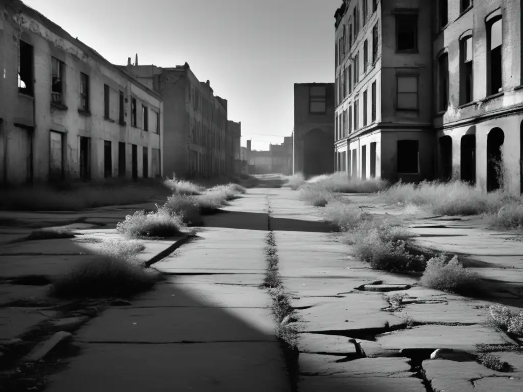 Una fotografía en blanco y negro de una calle abandonada de una ciudad fantasma, con pavimento agrietado, maleza creciendo y edificios vacíos y en ruinas a los lados. La imagen captura el silencio inquietante y la desolación de la ciudad, con un sentido de vacío y aband