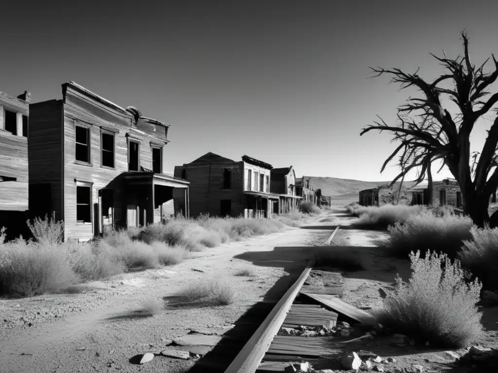 Una fotografía en blanco y negro de una calle abandonada en una ciudad fantasma. Edificios en ruinas y vegetación desbordante crean una atmósfera inquietante que evoca misterio y desolación. <b>Entrevistas documentales ciudades fantasma.